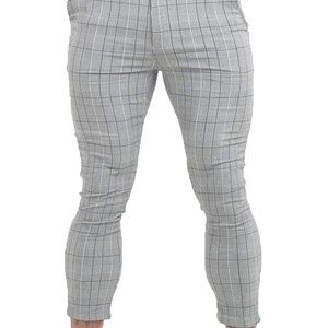 GINGTTO Mens Chinos Slim Fit Stretch Flat-Front Skinny Dress Pants Grey Plaid